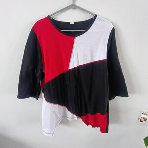 Colorblock Asymmetrical Tunic Top Red Black White Cotton Modern Art Tee
